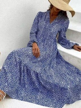 Blue Printed Long Sleeve Maxi Dress - Women